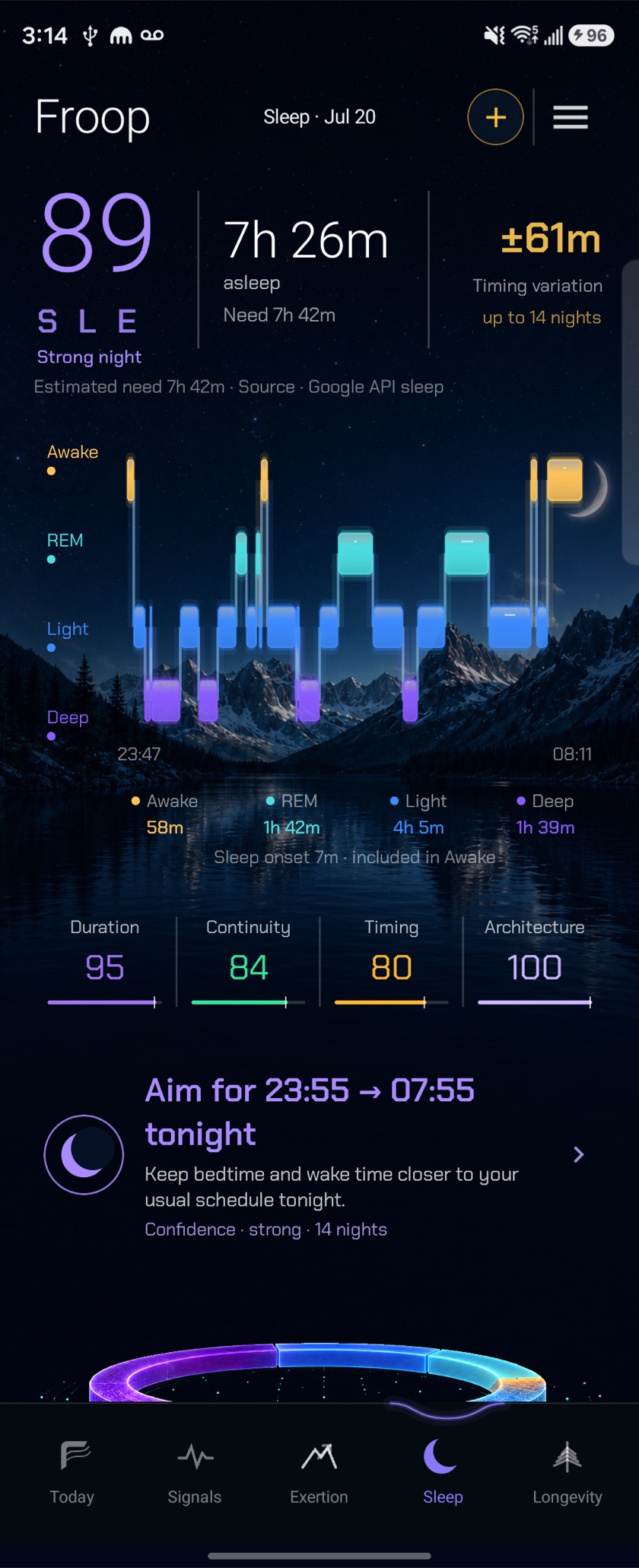 Froop Sleep — a full hypnogram with stage detail and a recommended bedtime